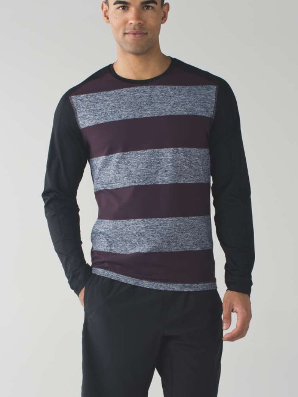 Lululemon Shirt Men Gray Purple Surge Warm Black Cherry Striped Gym S (No Tag)